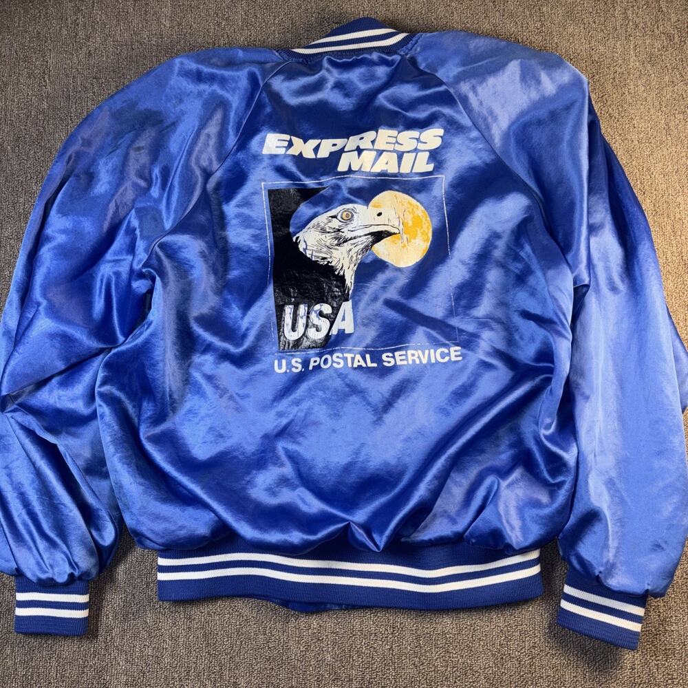 Vintage 1980s Express Mail Satin Jacket Bald Eagle Postal Service Large Blue